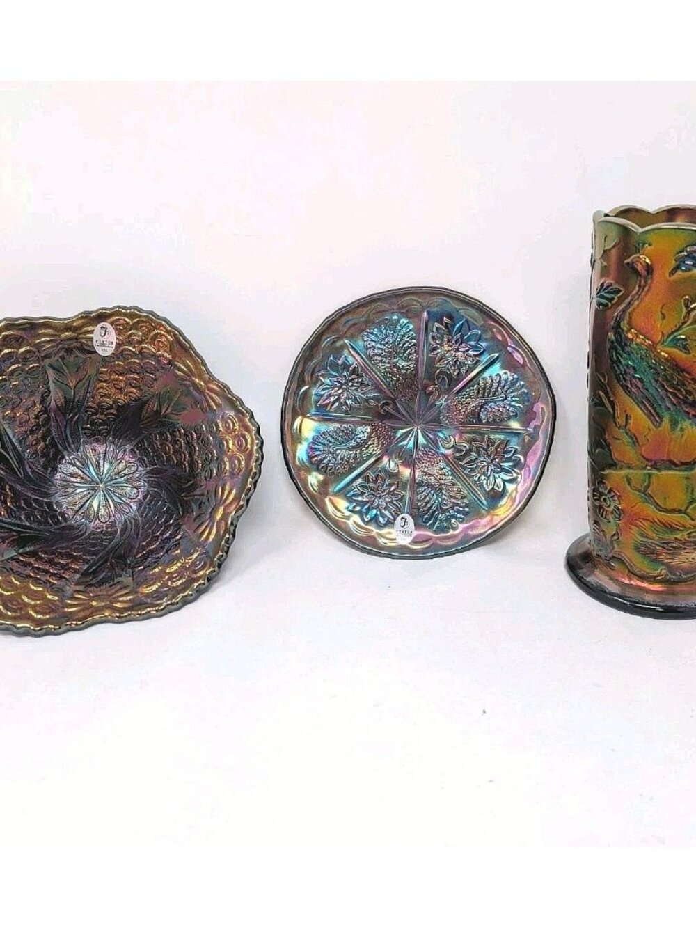 Fenton Carnival Glass 3-Pc Set Peacock & Floral Design Numbered Pieces 548/900